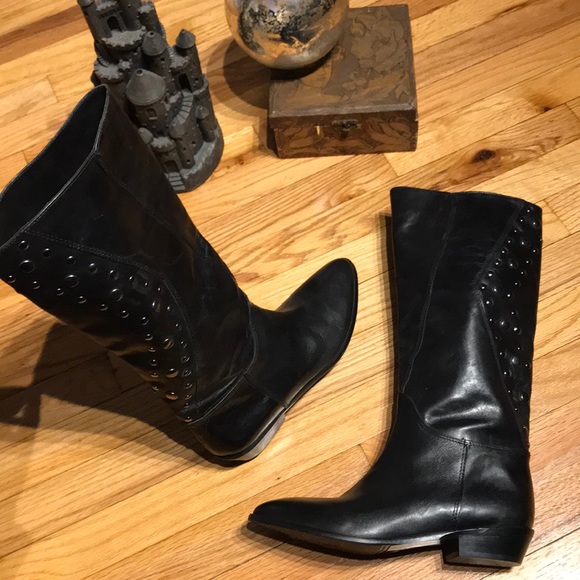 Via Spiga Shoes - Grommets Studs SlipOn Riding Knee Rock Moto Chunky Biker Leather rave block flat